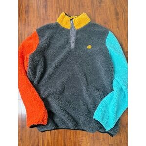 Dutch Bros Coffee Sherpa Fleece Pullover Color Block Sweater Blue Orange Size L